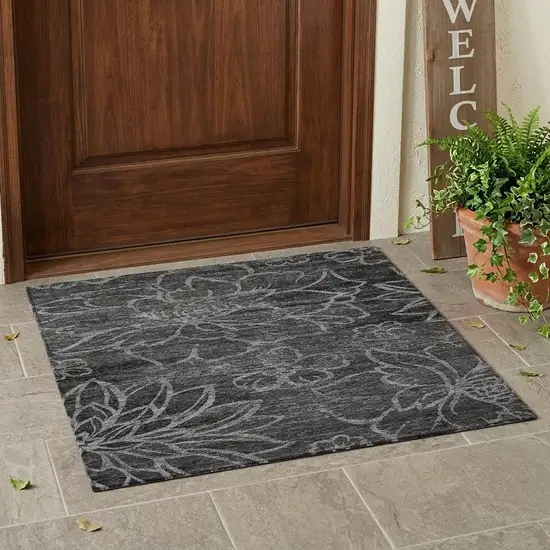 Black And Graphite Floral Washable Indoor Outdoor Area Rug Photo 1