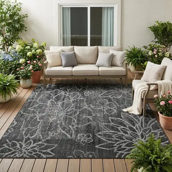 Black And Graphite Floral Washable Indoor Outdoor Area Rug Photo 1