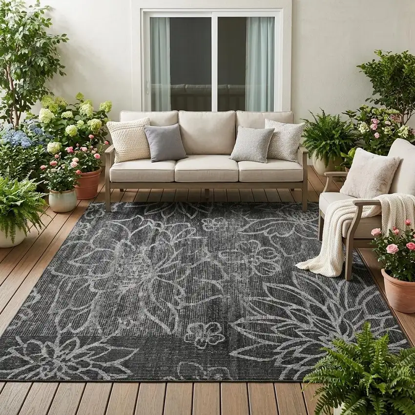 Black And Graphite Floral Washable Indoor Outdoor Area Rug Photo 1
