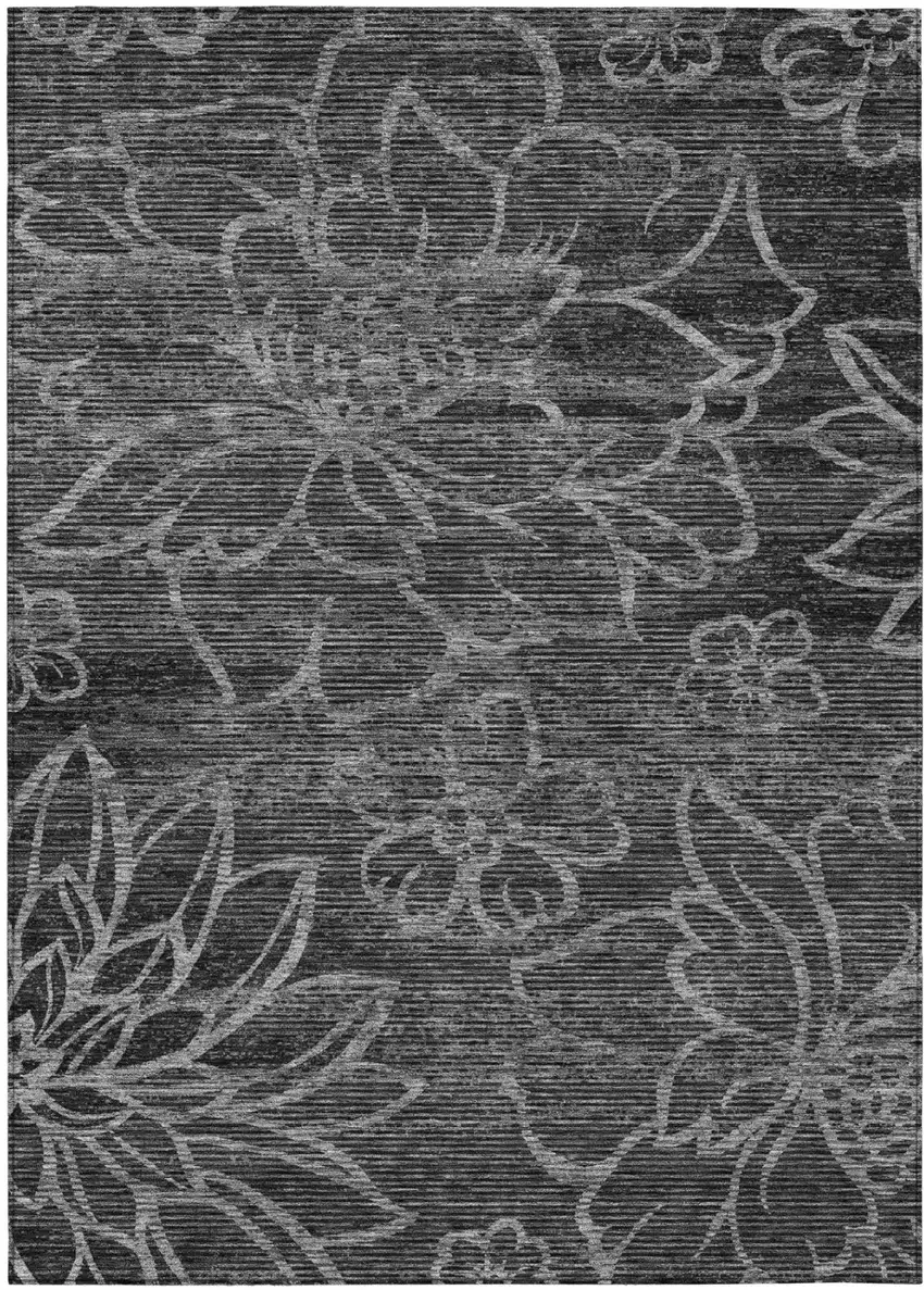 Black And Graphite Floral Washable Indoor Outdoor Area Rug Photo 2