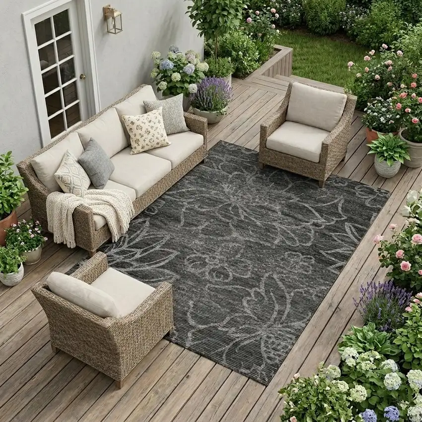 Black And Graphite Floral Washable Indoor Outdoor Area Rug Photo 1