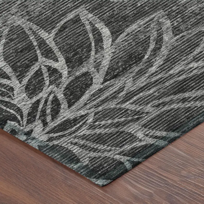 Black And Graphite Floral Washable Indoor Outdoor Area Rug Photo 3