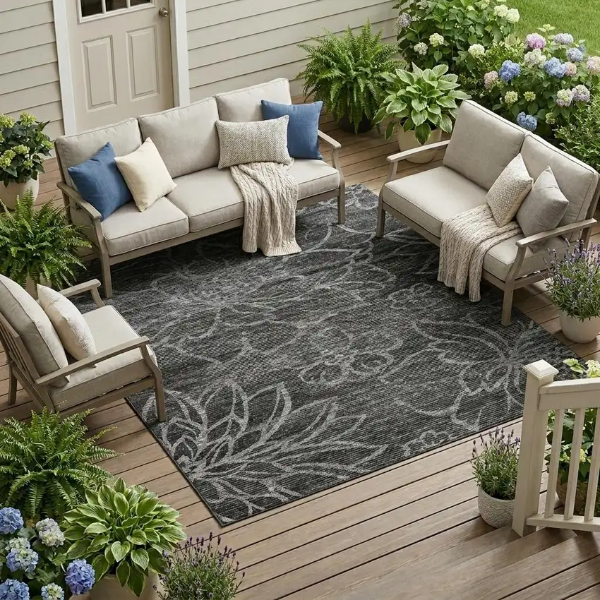 Black And Graphite Floral Washable Indoor Outdoor Area Rug Photo 1