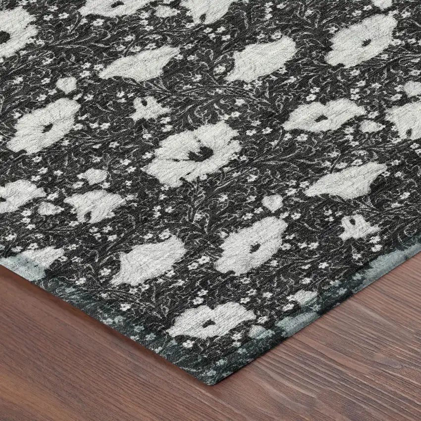 Black And Graphite Floral Washable Indoor Outdoor Area Rug Photo 3