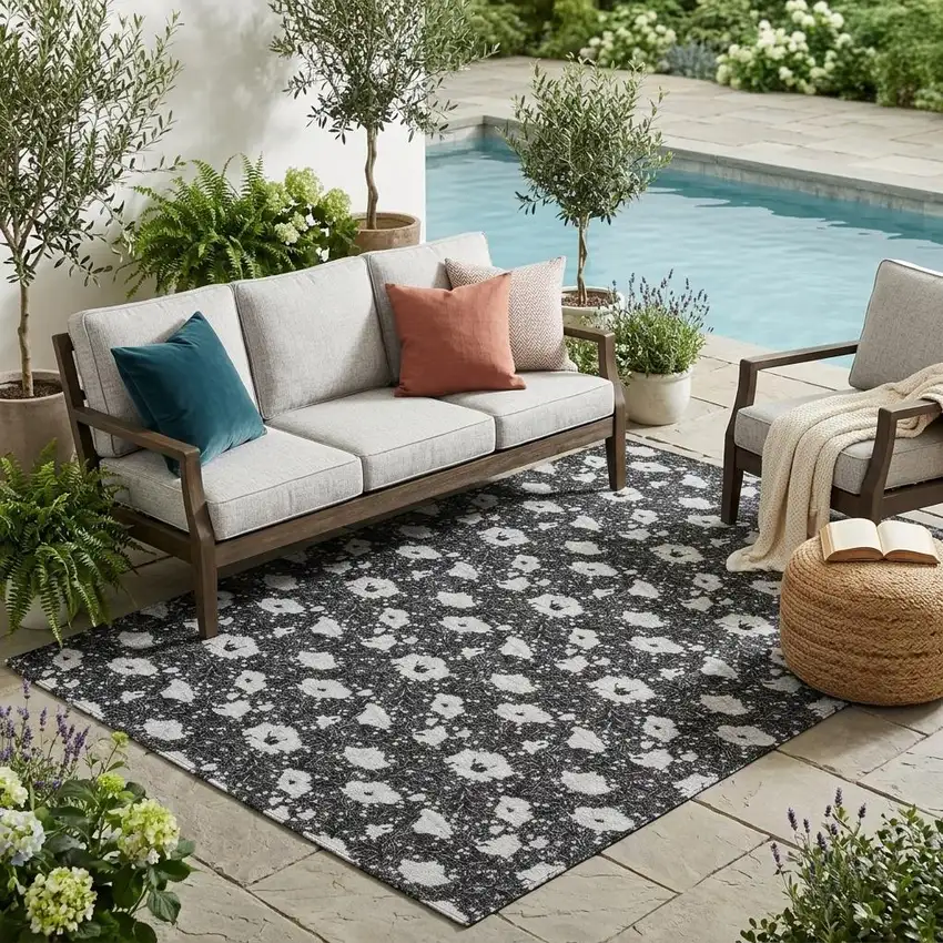 Black And Graphite Floral Washable Indoor Outdoor Area Rug Photo 1