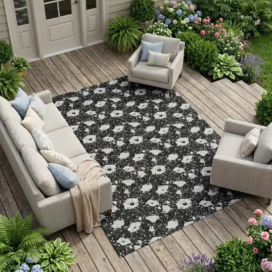 Black And Graphite Floral Washable Indoor Outdoor Area Rug Photo 1