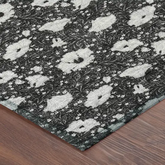 Black And Graphite Floral Washable Indoor Outdoor Area Rug Photo 3