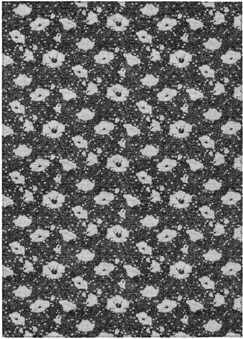 Black And Graphite Floral Washable Indoor Outdoor Area Rug Photo 2
