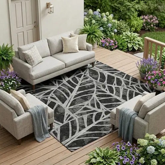 Black And Graphite Floral Washable Indoor Outdoor Area Rug Photo 1