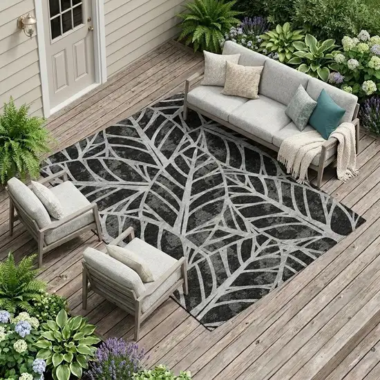 Black And Graphite Floral Washable Indoor Outdoor Area Rug Photo 1