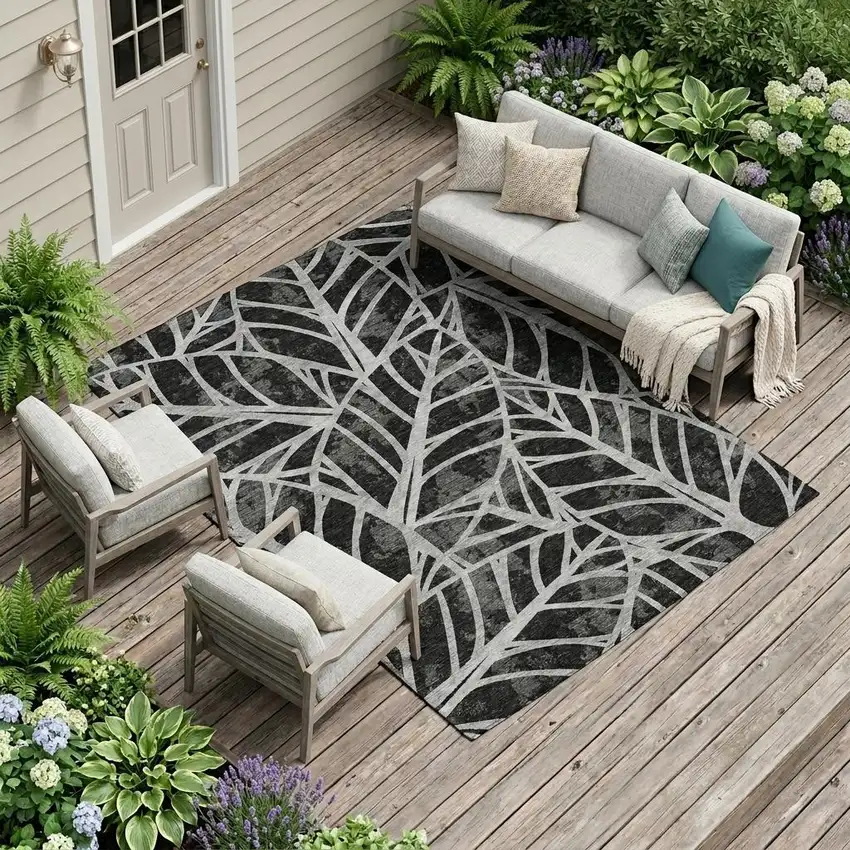 Black And Graphite Floral Washable Indoor Outdoor Area Rug Photo 1