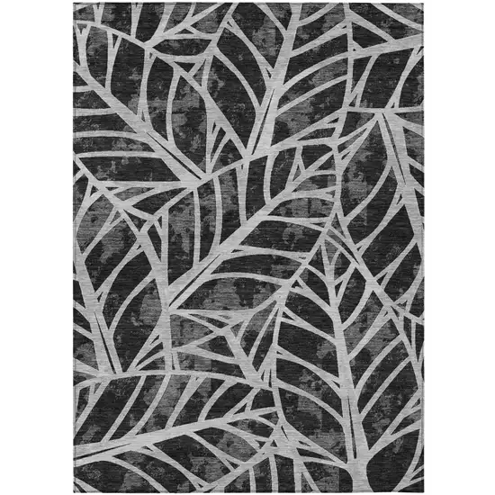Black And Graphite Floral Washable Indoor Outdoor Area Rug Photo 2