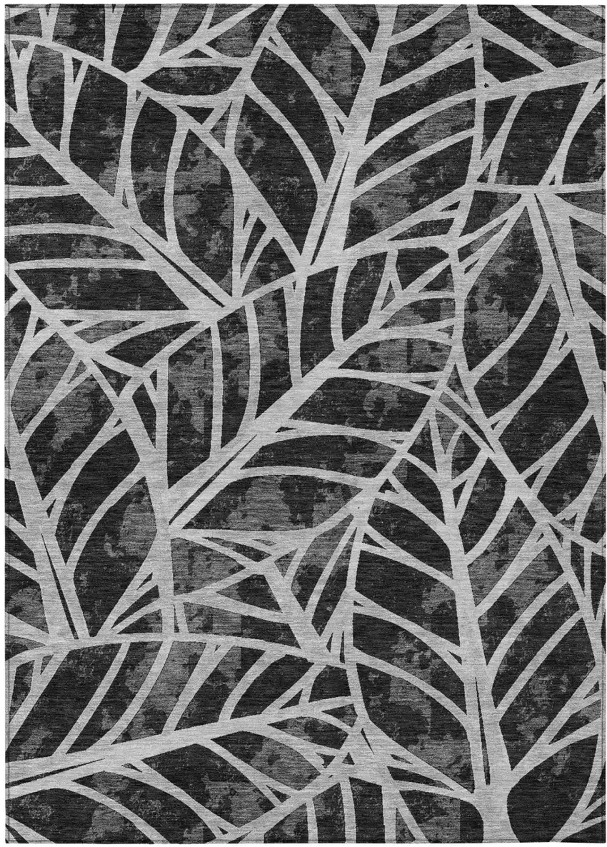 Black And Graphite Floral Washable Indoor Outdoor Area Rug Photo 2