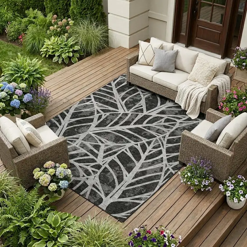 Black And Graphite Floral Washable Indoor Outdoor Area Rug Photo 1