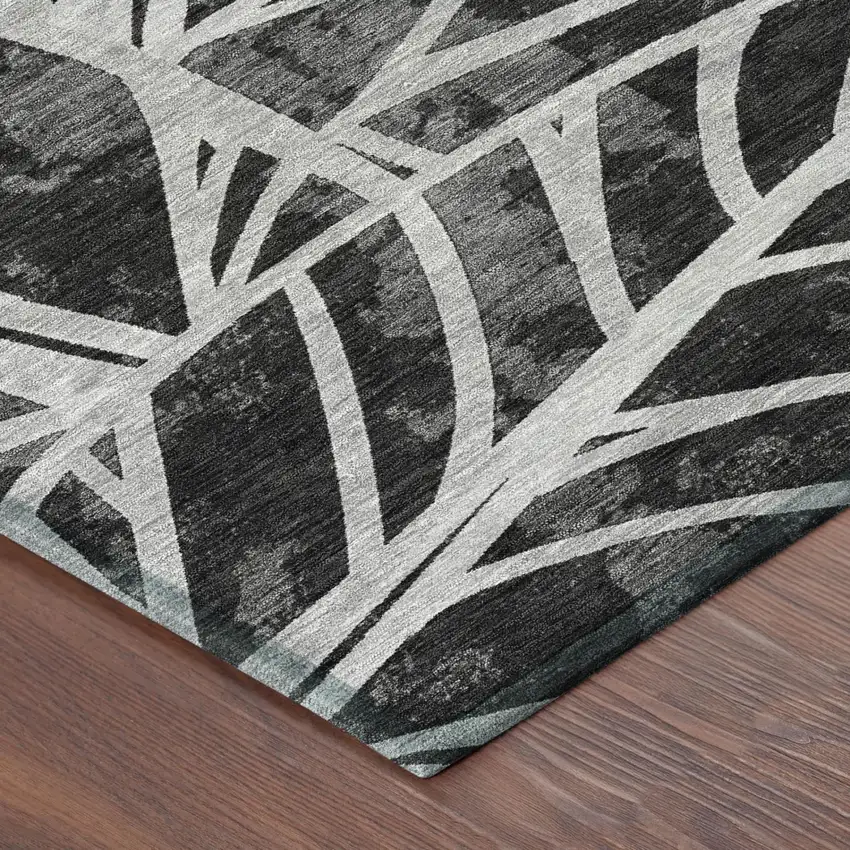 Black And Graphite Floral Washable Indoor Outdoor Area Rug Photo 3
