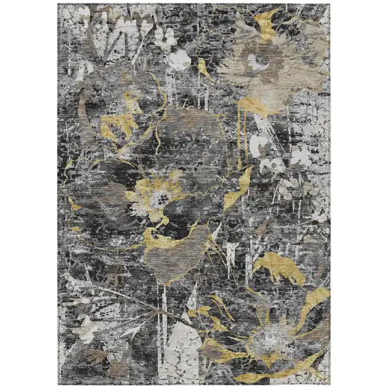 Black And Graphite Floral Washable Indoor Outdoor Area Rug Photo 1
