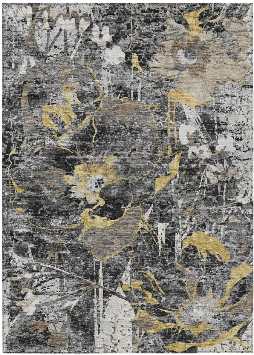 Black And Graphite Floral Washable Indoor Outdoor Area Rug Photo 1