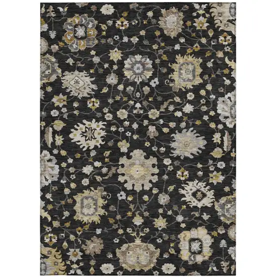 Black And Graphite Floral Washable Indoor Outdoor Area Rug Photo 3