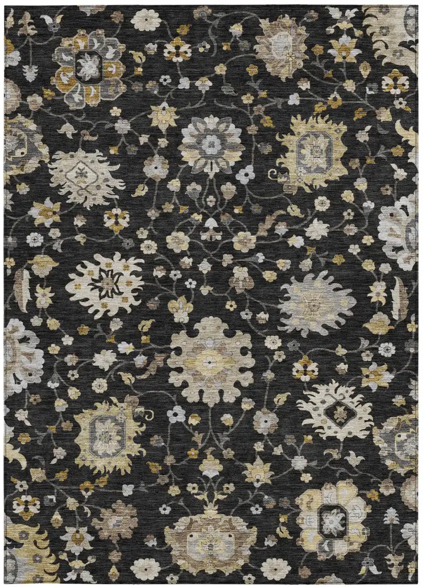 Black And Graphite Floral Washable Indoor Outdoor Area Rug Photo 3