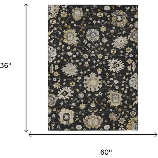 Black And Graphite Floral Washable Indoor Outdoor Area Rug Photo 6