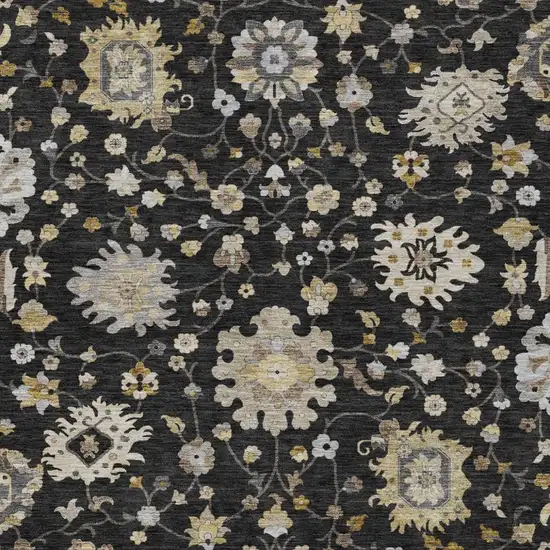 Black And Graphite Floral Washable Indoor Outdoor Area Rug Photo 1