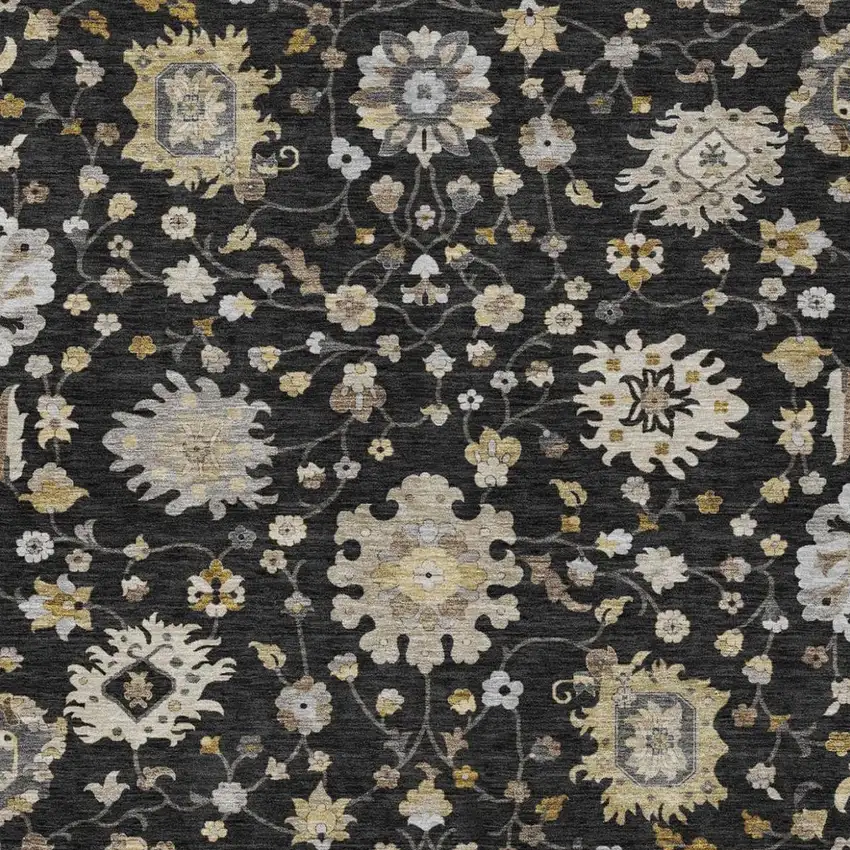 Black And Graphite Floral Washable Indoor Outdoor Area Rug Photo 1