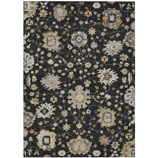 Black And Graphite Floral Washable Indoor Outdoor Area Rug Photo 2
