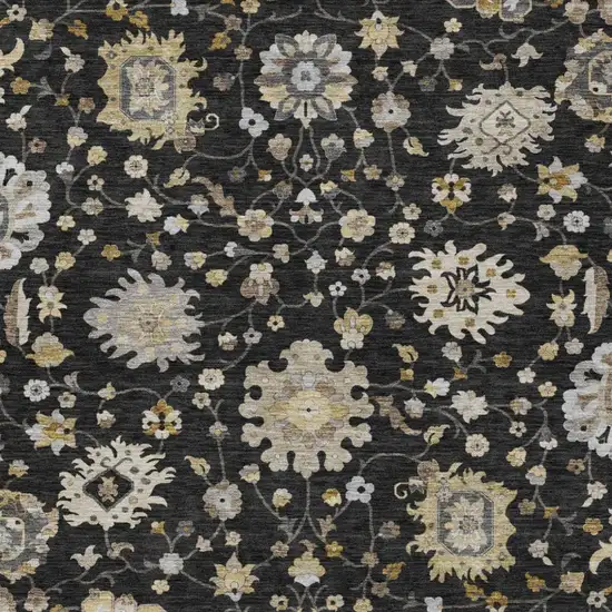 Black And Graphite Floral Washable Indoor Outdoor Area Rug Photo 3