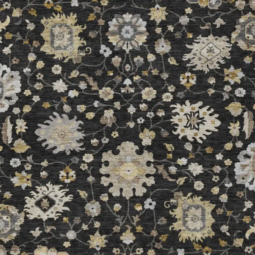 Black And Graphite Floral Washable Indoor Outdoor Area Rug Photo 3