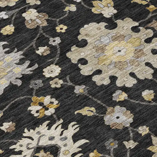 Black And Graphite Floral Washable Indoor Outdoor Area Rug Photo 5