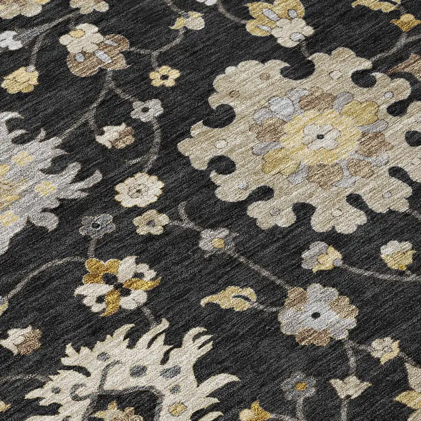 Black And Graphite Floral Washable Indoor Outdoor Area Rug Photo 5