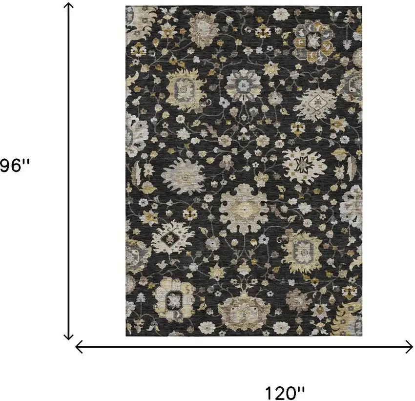 Black And Graphite Floral Washable Indoor Outdoor Area Rug Photo 6
