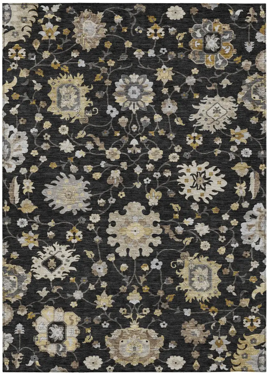 Black And Graphite Floral Washable Indoor Outdoor Area Rug Photo 1