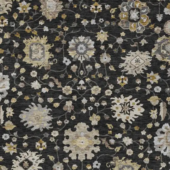 Black And Graphite Floral Washable Indoor Outdoor Area Rug Photo 2