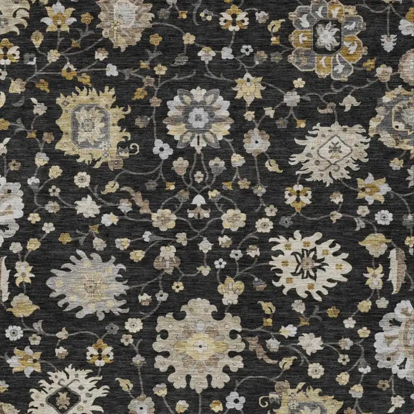 Black And Graphite Floral Washable Indoor Outdoor Area Rug Photo 2