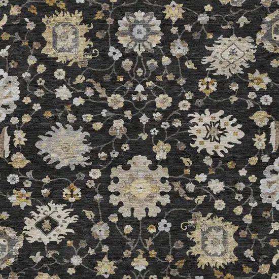 Black And Graphite Floral Washable Indoor Outdoor Area Rug Photo 3