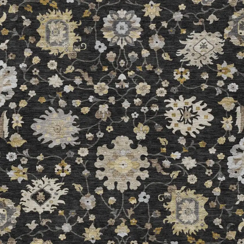 Black And Graphite Floral Washable Indoor Outdoor Area Rug Photo 3