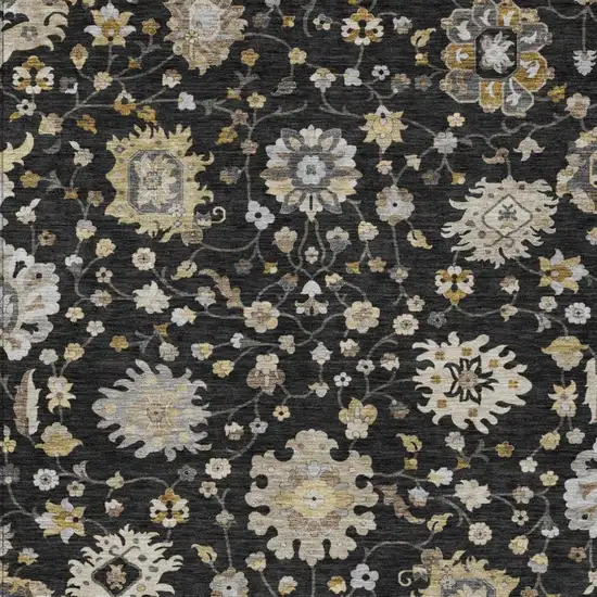 Black And Graphite Floral Washable Indoor Outdoor Area Rug Photo 2