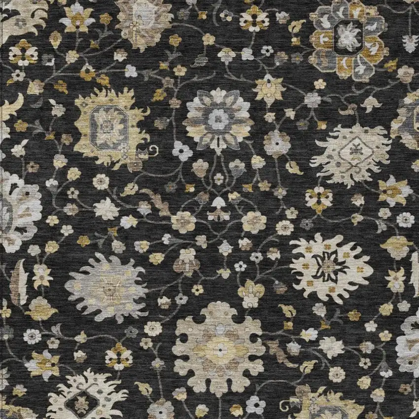 Black And Graphite Floral Washable Indoor Outdoor Area Rug Photo 2