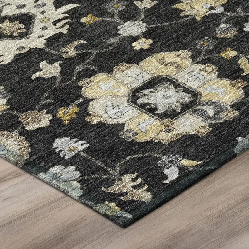 Black And Graphite Floral Washable Indoor Outdoor Area Rug Photo 4