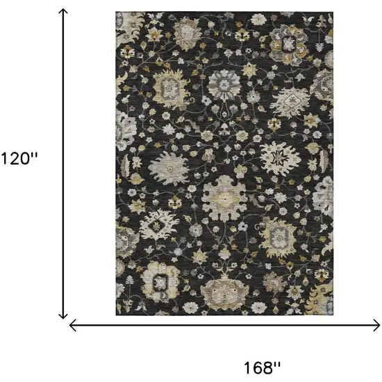 Black And Graphite Floral Washable Indoor Outdoor Area Rug Photo 6