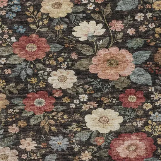 Black And Graphite Floral Washable Indoor Outdoor Area Rug Photo 3
