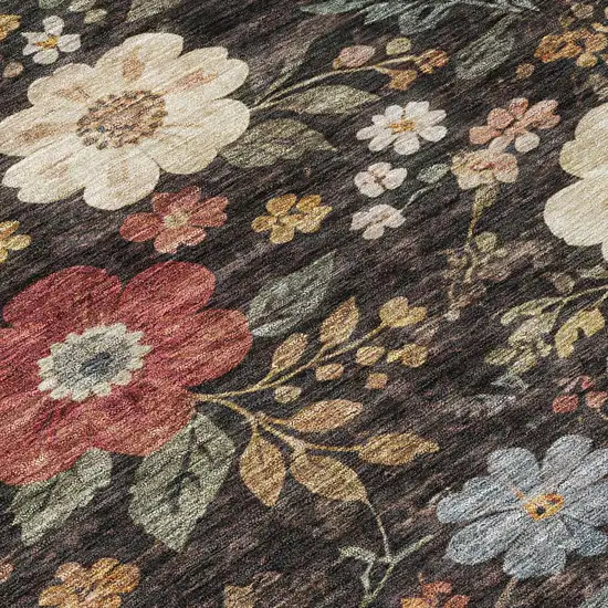 Black And Graphite Floral Washable Indoor Outdoor Area Rug Photo 5