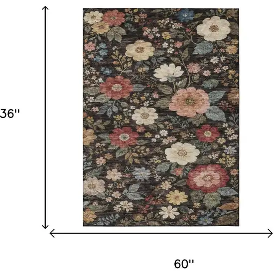 Black And Graphite Floral Washable Indoor Outdoor Area Rug Photo 6