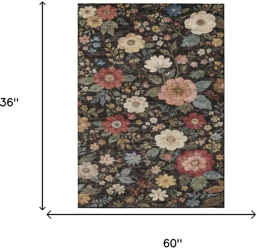 Black And Graphite Floral Washable Indoor Outdoor Area Rug Photo 6