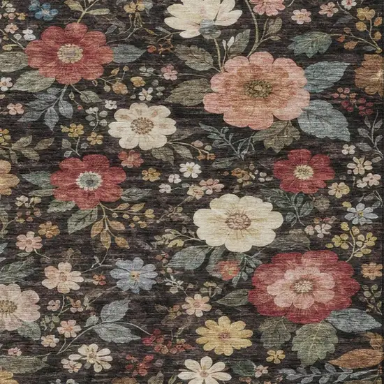 Black And Graphite Floral Washable Indoor Outdoor Area Rug Photo 2