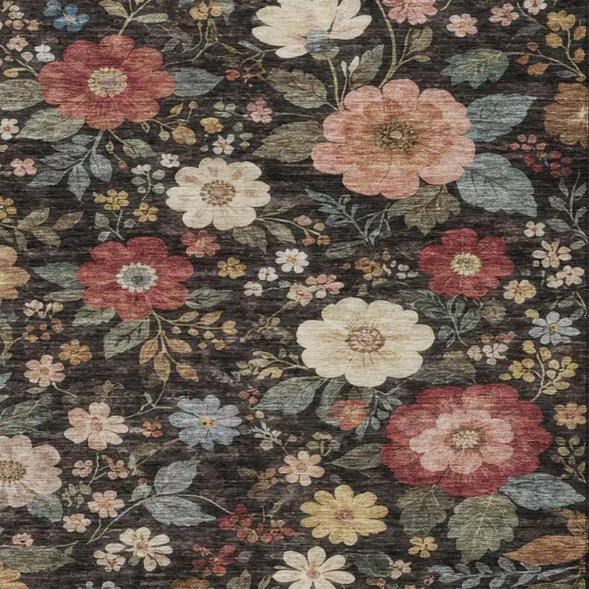 Black And Graphite Floral Washable Indoor Outdoor Area Rug Photo 2