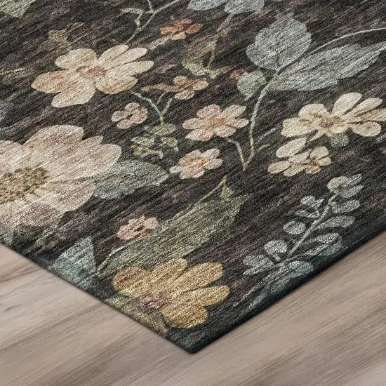 Black And Graphite Floral Washable Indoor Outdoor Area Rug Photo 4