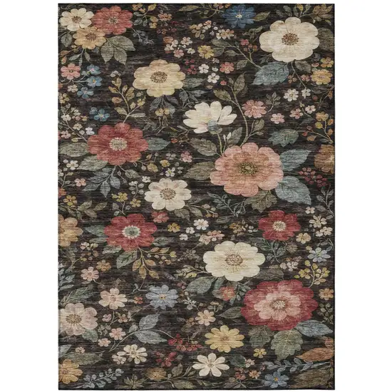 Black And Graphite Floral Washable Indoor Outdoor Area Rug Photo 1