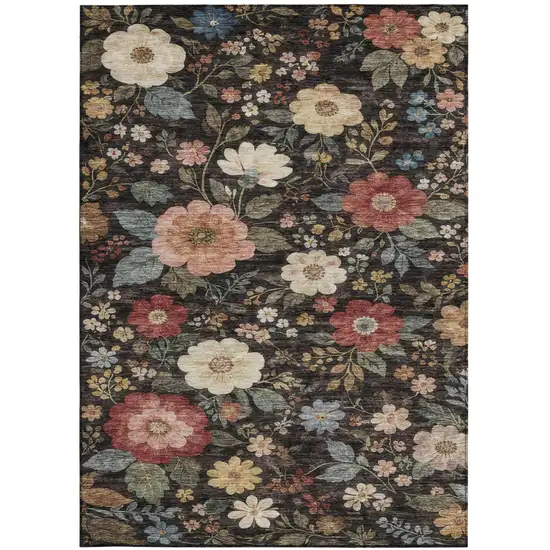 Black And Graphite Floral Washable Indoor Outdoor Area Rug Photo 3